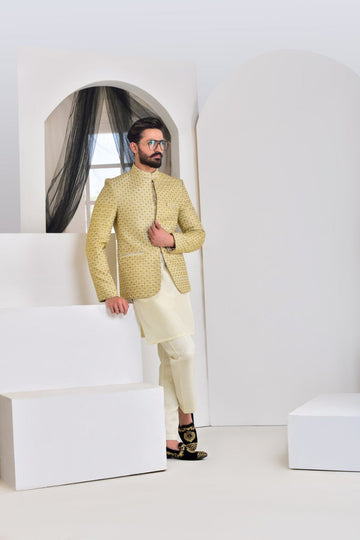 Lemon Color Embroidered Prince Coat For Men